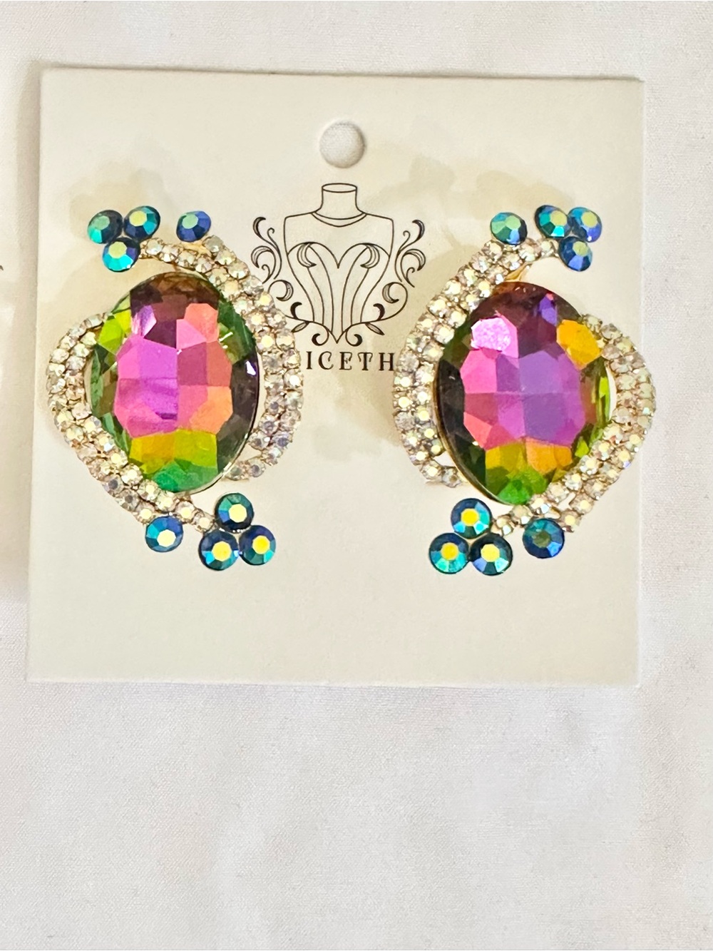 Ice Iridescent Multi-Color Crystal Statement Earrings - Pink/Green (Clips)